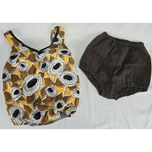 Vtg 60s Swimsuit 2 Piece Romper Womens S Brown Yellow Floral Pinup Bombshell Mod